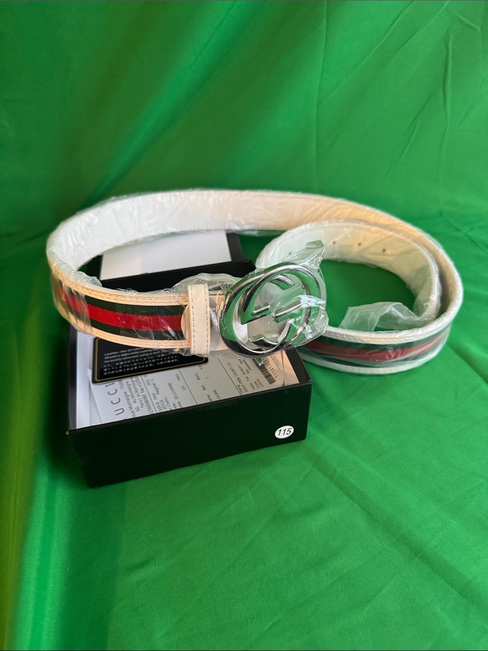 Gucci White Belt- Green&Red Accents down Belt. Logo Presentation Box/and Receipt
